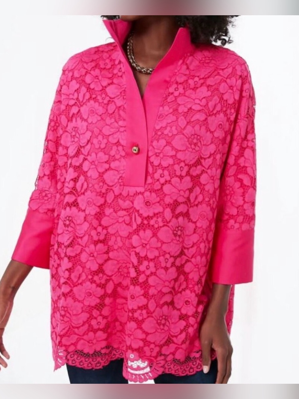 Tuckernuck Hot Pink Floral Lace Tunic Blouse